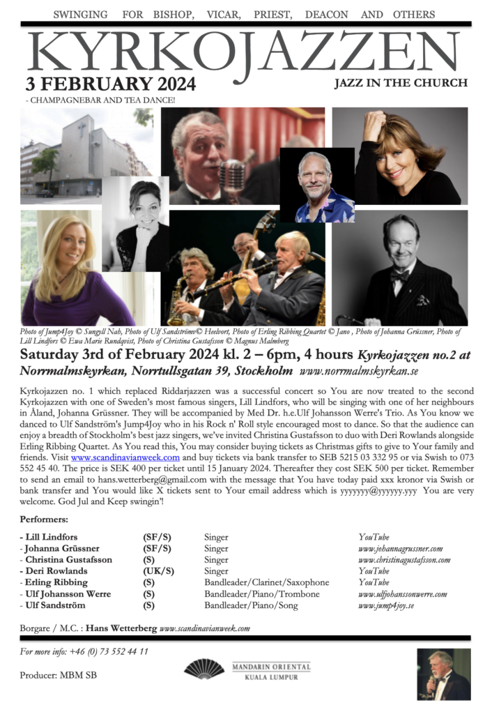 Promotional poster for Kyrkojazzen No 2 featuring photos of musicians and English text about the event