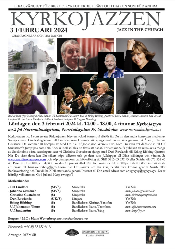 Promotional poster for Kyrkojazzen No 2 featuring photos of musicians and Swedish text about the event